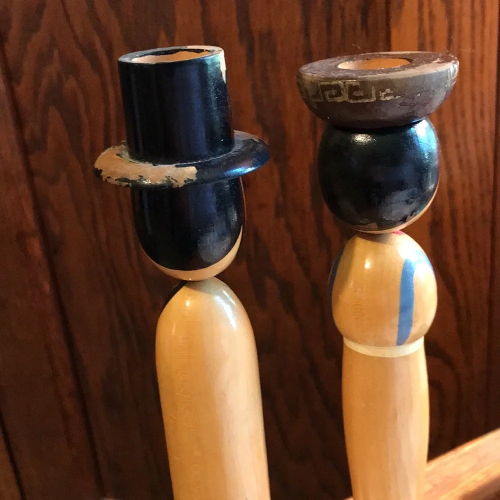 Vintage Kokeshi Wooden Candle Holders Pair Japan